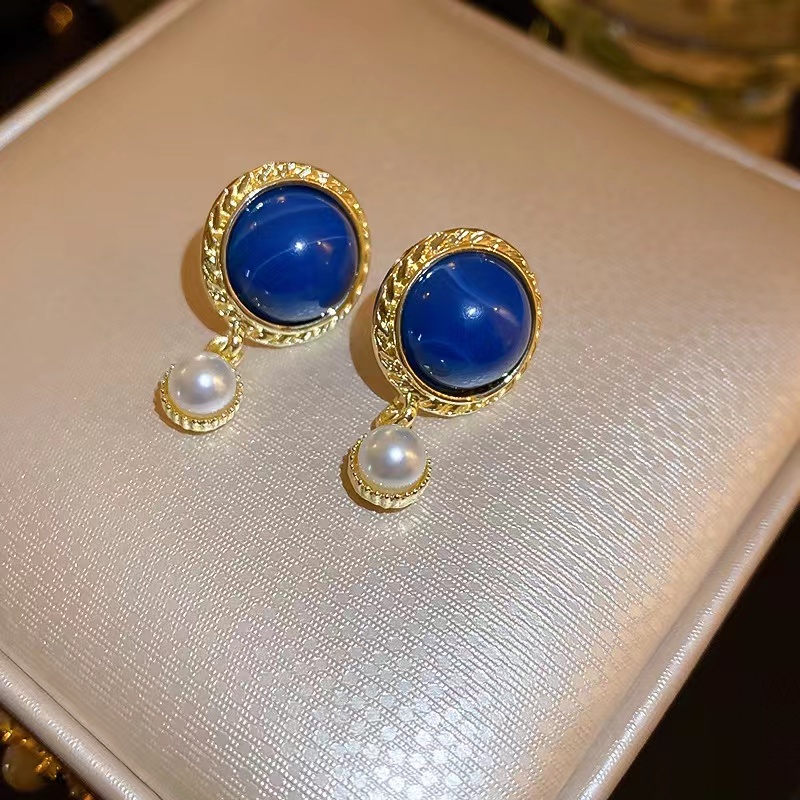 Bông Tai Bạc Đính Ngọc Trai Xanh Dương Phong Cách Pháp Thời Trang Cho Nữ