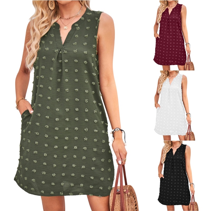 Đầm Ngắn Không Tay Cổ Chữ V Họa Tiết Chấm Bi Có Túi Thời Trang Mùa Hè Cho Nữ