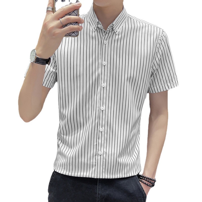 Áo Sơ Mi Lụa Tay Ngắn Họa Tiết Kẻ Sọc Thời Trang Mùa Hè Phong Cách Anh Quốc Mới Cho Nam