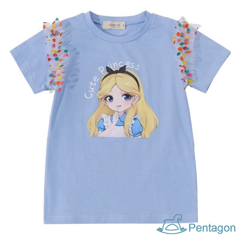 Đầm Thun Tay Ngắn Phối Lưới Chấm Bi Họa Tiết Hoạt Hình Dễ Thương Thời Trang Mùa Hè Cho Bé Gái