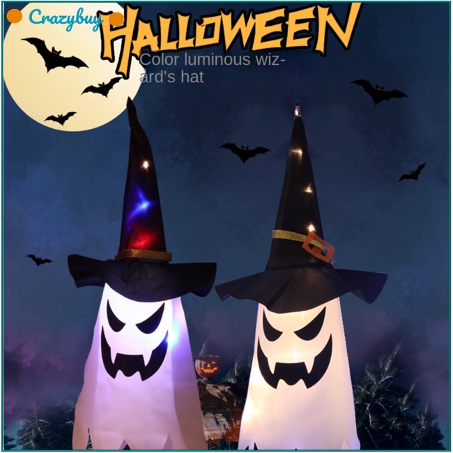 Cr Phụ Kiện Trang Trí Halloween Hình Ma Đội Nón Phù Thủy Có Đèn Led Phát Sáng Độc Đáo