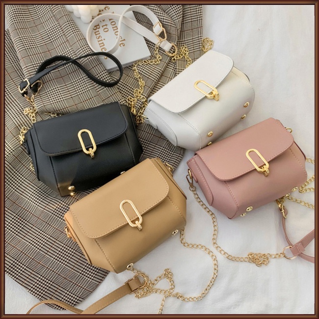 Túi Xách Da Pu Hình Vuông Có Khóa Nam Châm Phối Dây Xích Thời Trang Dự Tiệc