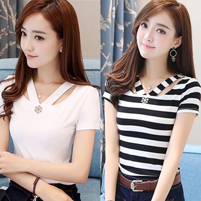 Áo Thun Tay Ngắn Cổ Chữ V Họa Tiết Kẻ Sọc Phong Cách Hàn Quốc Thời Trang Mùa Hè Mới Cho Nữ