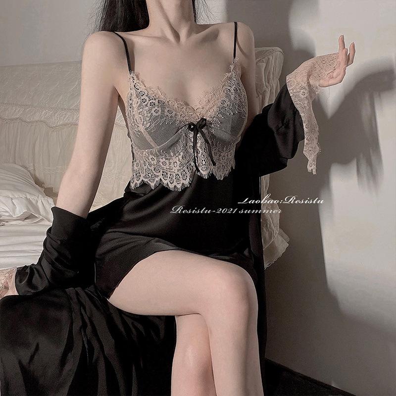 Đầm Ngủ Hai Dây Vải Lụa Mỏng Phối Ren Có Mút Đệm Ngực Thời Trang Quyến Rũ Cho Nữ