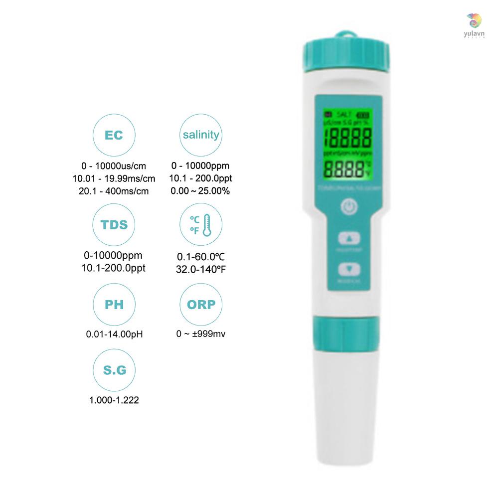 Dụng Cụ Kiểm Tra Chất Lượng Nước Cầm Tay 7 Trong 1 PH Chống Thấm Nước EC ORP S.G IP67 °C/°F Thiết Bị Chuyển Đổi Đơn Vị Tự Động Nhiệt Độ