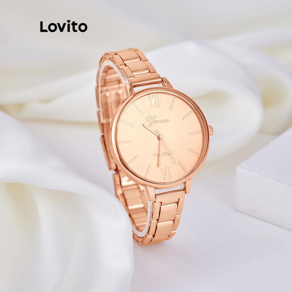 Đồng hồ thạch anh Lovito Dây đeo kim loại hình tròn trơn Thanh lịch LSP01021 (Vàng/Bạc/Vàng hồng)