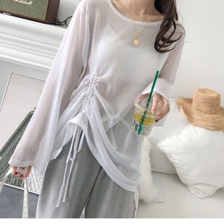 Áo Thun Tay Dài Vải Lụa Lạnh Mỏng Dáng Rộng Phối Dây Rút Thời Trang Đi Biển Mùa Hè