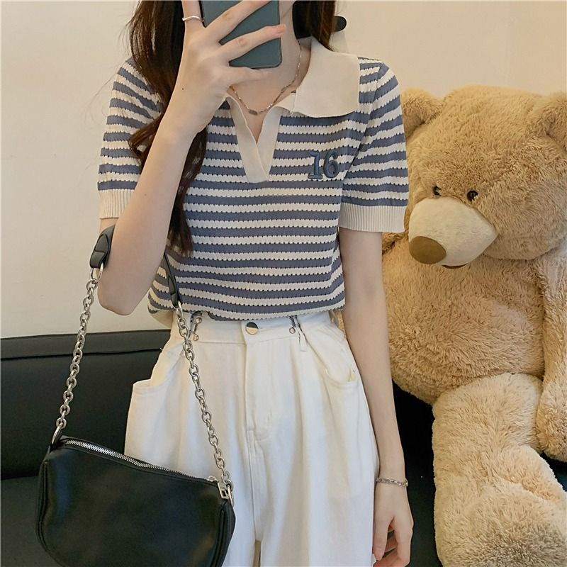 Áo Thun polo Dệt Kim Mỏng Tay Ngắn Kẻ Sọc Thời Trang Mùa Hè Cho Nữ