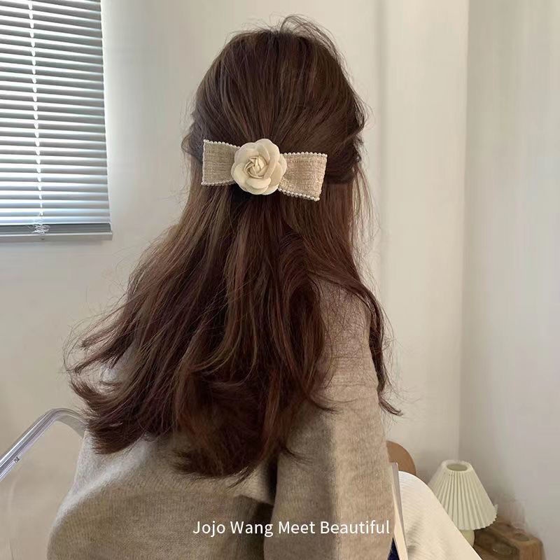 Kẹp Tóc Nơ Đính Hoa Trà Vải Tweed Thanh Lịch Cho Nữ