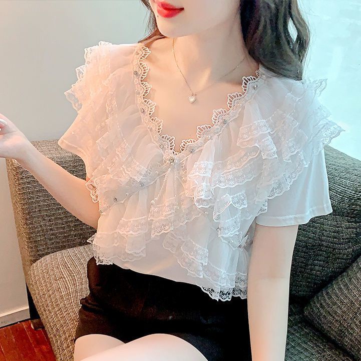 Áo Thun Ngắn Tay Cổ Chữ V Phối Ren Bèo Đính Hạt Ngọt Ngào Thời Trang Mùa Hè Phong Cách Mới 2023