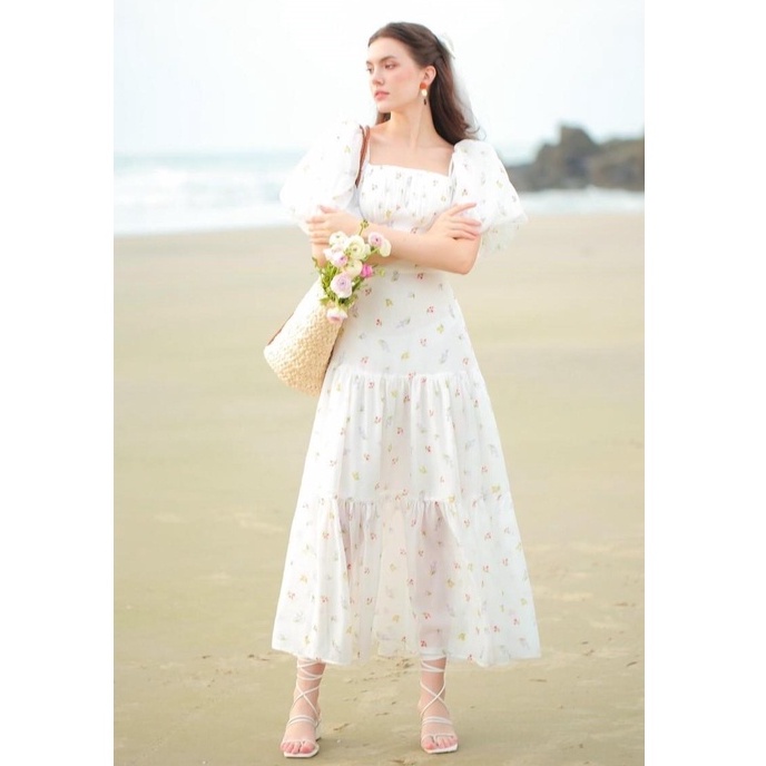 Đầm hoa tầng xòe 2 dây nhún ngực tay phồng kiểu rớt vai