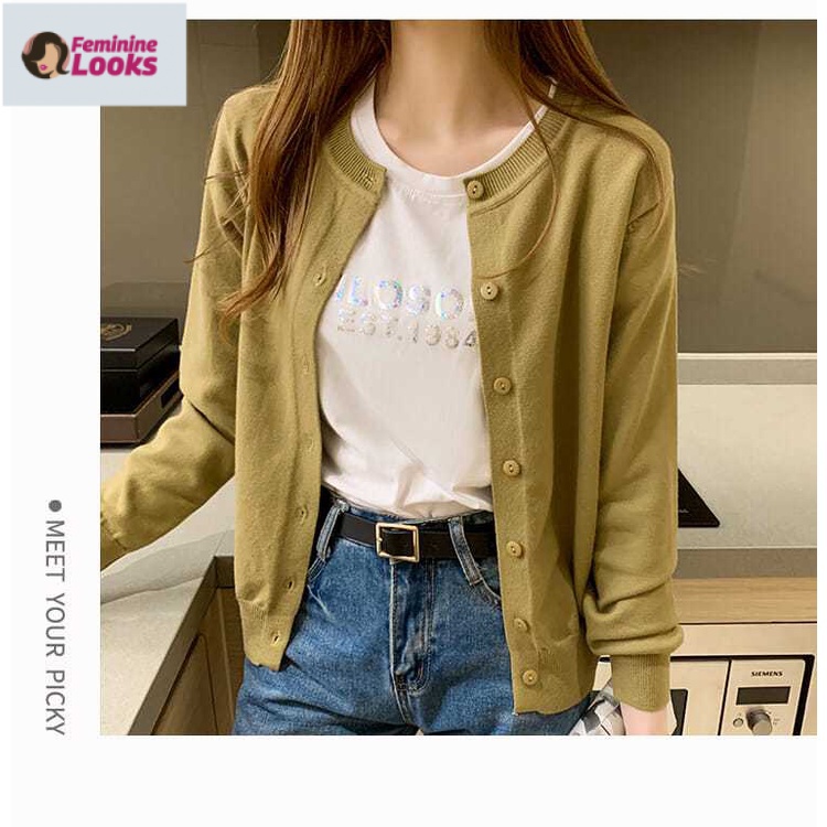 Áo Khoác Cardigan Dệt Kim Mỏng Dáng Ngắn Thời Trang