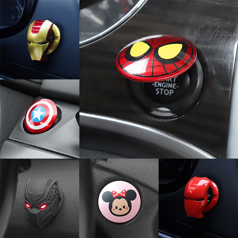 Miếng Dán Trang Trí Nút Khởi Động Xe Hơi Họa Tiết Marvel Spider-Man Iron Man Mickey