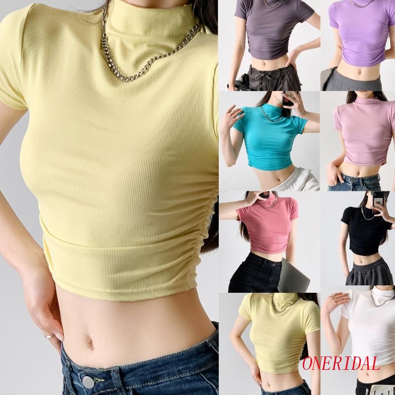 Áo Thun Crop Top Tay Ngắn Cổ Cao Màu Trơn Ôm Dáng Thời Trang Cho Nữ