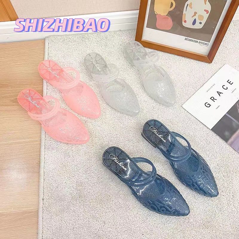Shizhibao Xăng đan Gót Dày Hai Cách Mang Chống Trượt Đính Kim Sa Lấp Lánh Trong Suốt Thời Trang Mùa Hè Giản Dị Dễ Phối Đồ Dành Cho Bạn Nữ