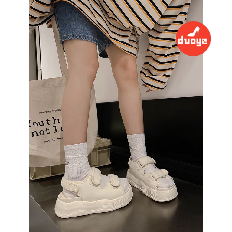 Duoya Tóc Thẳng ~ [Hàng Có Sẵn] Giày Sandal Bánh Mì Đế Dày Quai Dán Gợn Sóng Đơn Giản Tăng Chiều Cao Miễn Phí Vận Chuyển