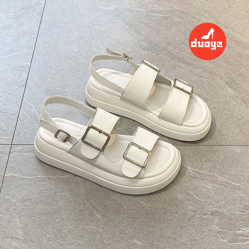 Duoya Tóc Thẳng ~ [Hàng Có Sẵn] Giày Sandal Đế Dày Hở Ngón Bằng Da Mềm Có Khóa Kim Loại Thời Trang Mùa Hè Cho Nữ Miễn Phí Vận Chuyển