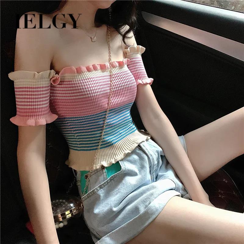 IELGY        Áo Thun Len Dệt Kim Trễ Vai Tay Ngắn Họa Tiết Kẻ Sọc Nhiều Màu Sắc Dành Cho Nữ