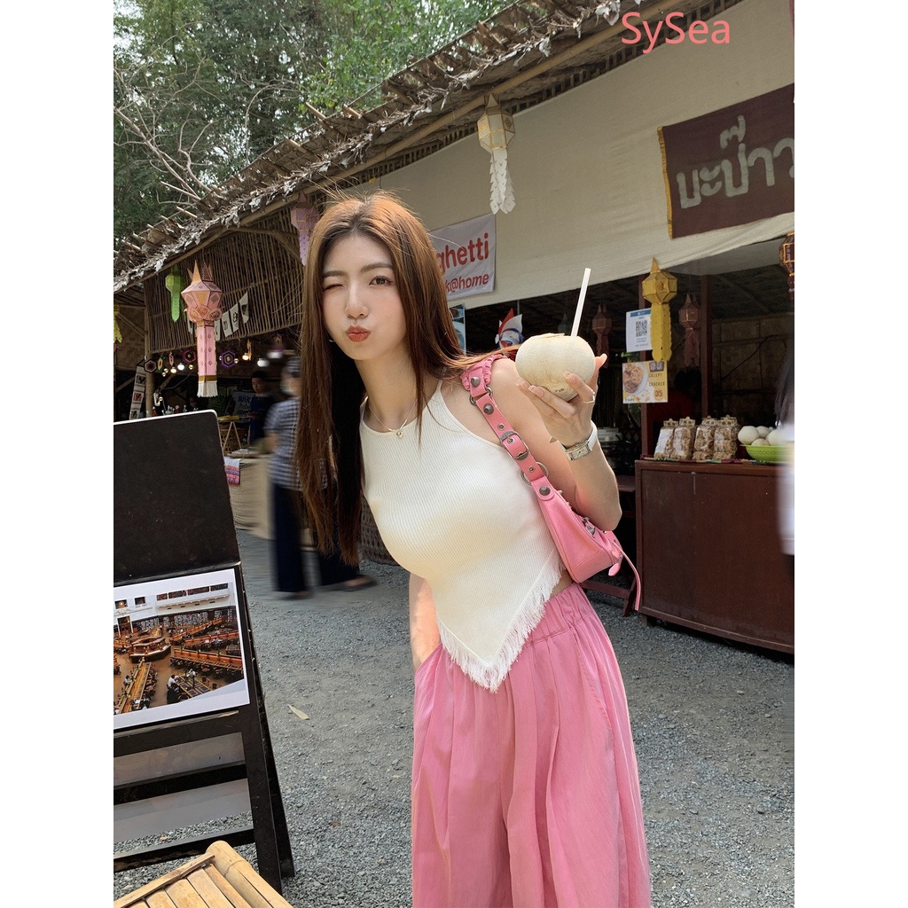 Áo Hai Dây Dệt Kim Ôm Dáng Phối Tua Rua Thời Trang Mùa Hè Cho Nữ