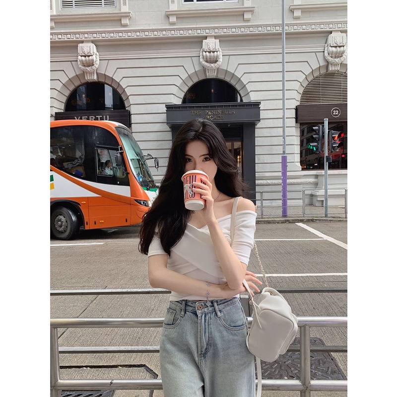 Áo Croptop Trễ Vai Tay Ngắn Thời Trang Mùa Hè Mới 2023 Cho Nữ