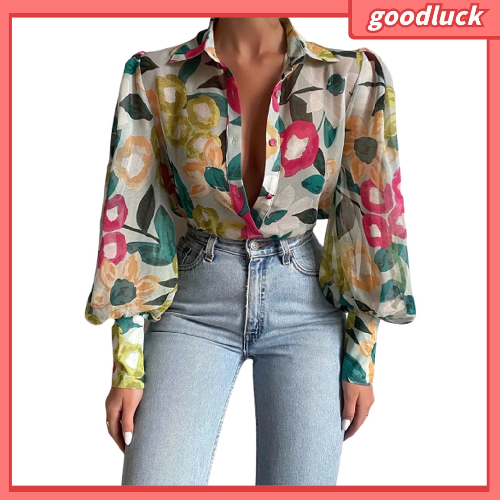 [ULK] Áo Sơ Mi Tay Phồng In Hoa Cổ Bẻ Cài Một Hàng Nút Rộng Phong Cách Vintage Cho Nữ