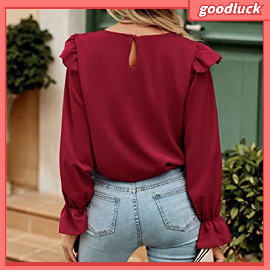 Áo Thun Tay Dài Cổ Tròn Phối Bèo Màu Sắc Trơn Phong Cách Đường Phố Thời Trang Mùa Thu Cho Nữ