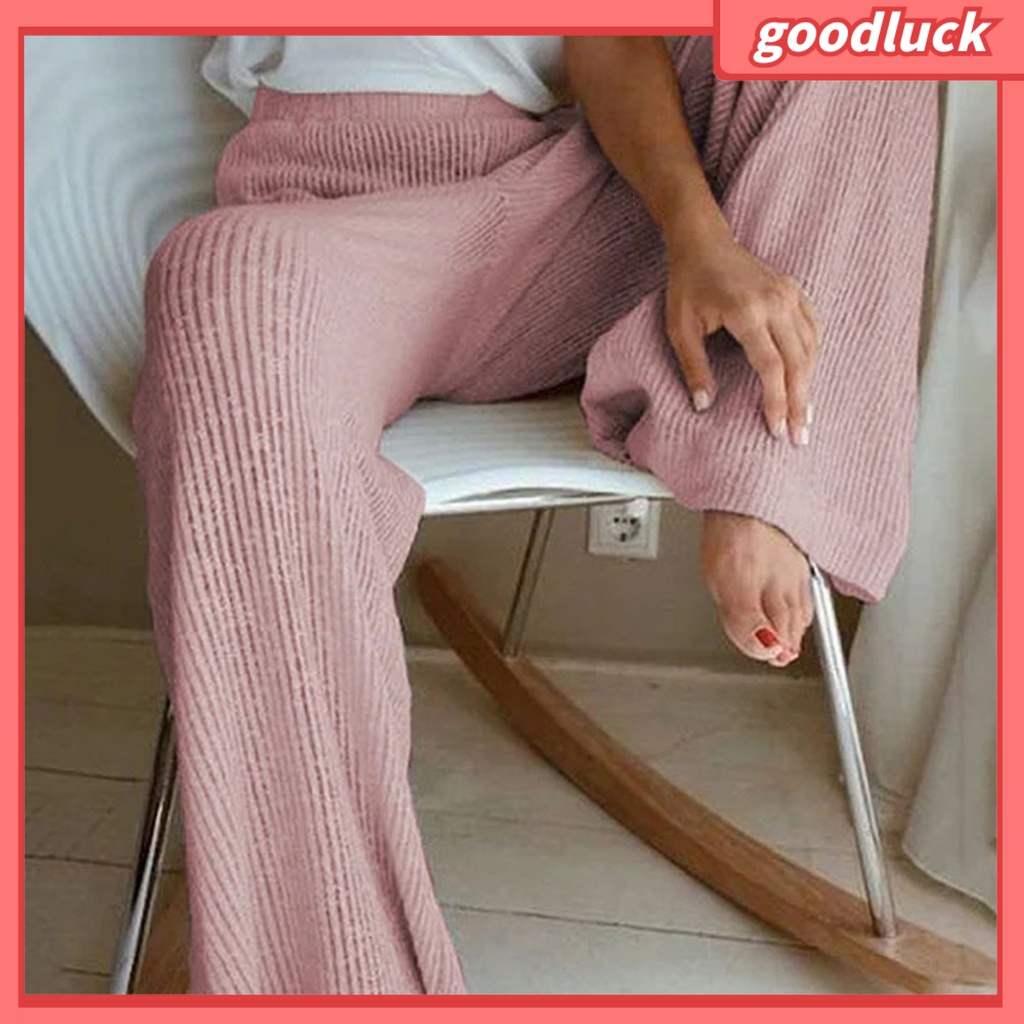 Quần Dài Dệt Kim Ống Rộng Lưng Cao Màu Trơn Thời Trang Mùa Thu Cho Nữ