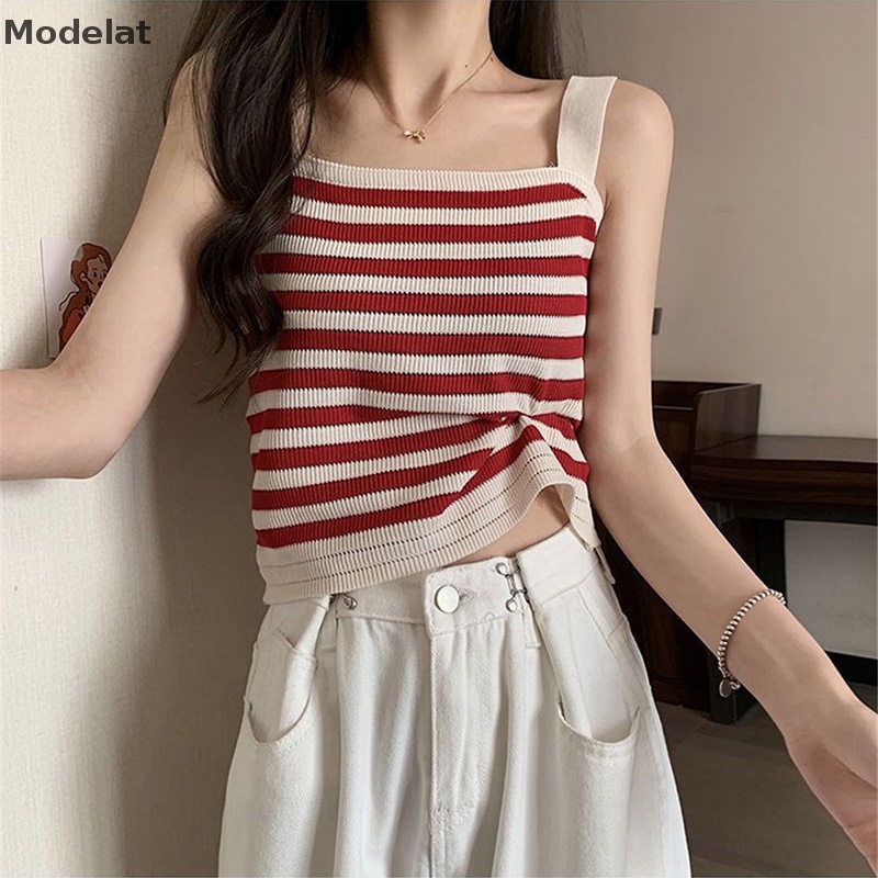 Áo Dệt Kim Hai Dây Dáng Ôm In Họa Tiết Kẻ Sọc Phong Cách Vintage Thời Trang Mùa Hè Cho Nữ