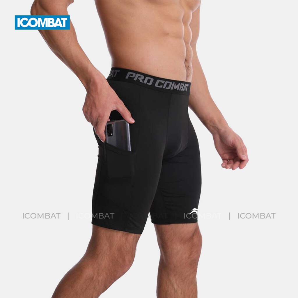 Quần legging thể thao nam ngắn có túi chạy bộ thoáng mát ICOMBAT RUNNING Vải Coolmax™ ½ màu đen màu trắng - QL50