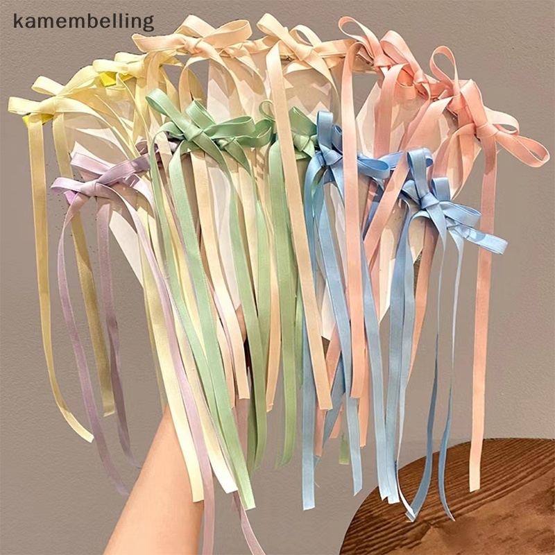 Set 2 Kẹp Tóc Nơ Dài Màu Trơn Xinh Xắn Cho Nữ