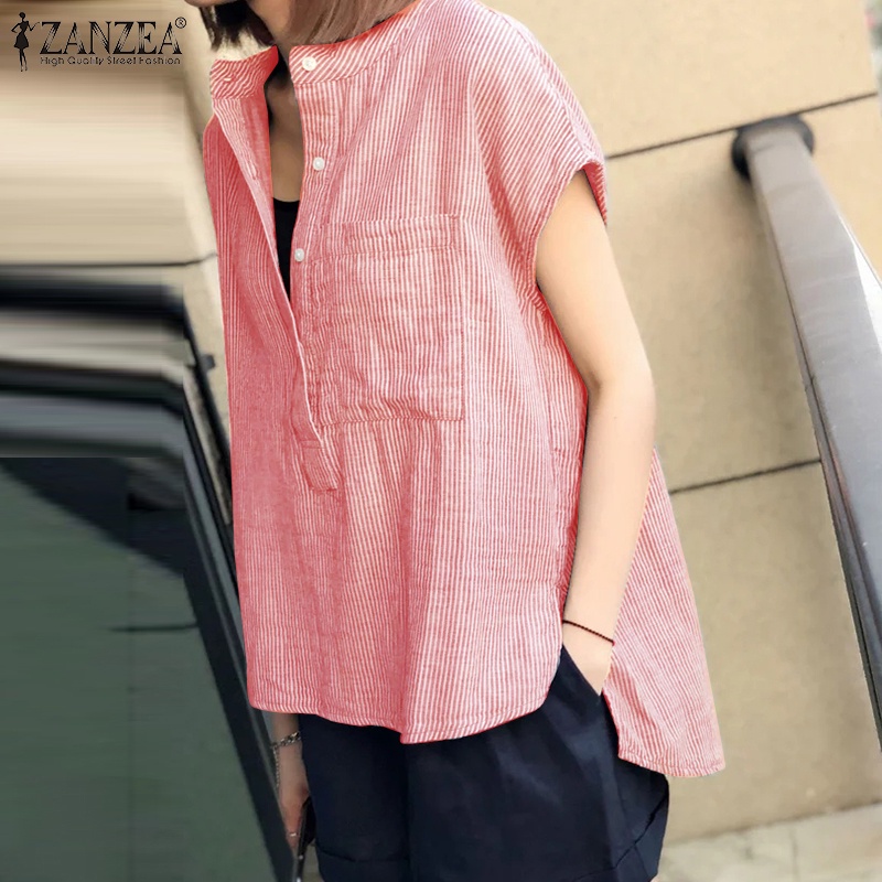 ZANZEA Áo Sơ Mi Cotton Tay Ngắn Họa Tiết Sọc Thời Trang Hàn Quốc Cho Nữ
