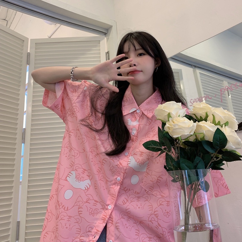 Áo Sơ Mi Tay Ngắn Dáng Rộng Họa Tiết In Phong Cách Hong Kong Cá Tính