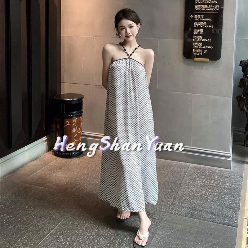 Đầm đi biển HENG SHAN YUAN họa tiết caro thiết kế hở lưng quyến rũ cao cấp cho nữ