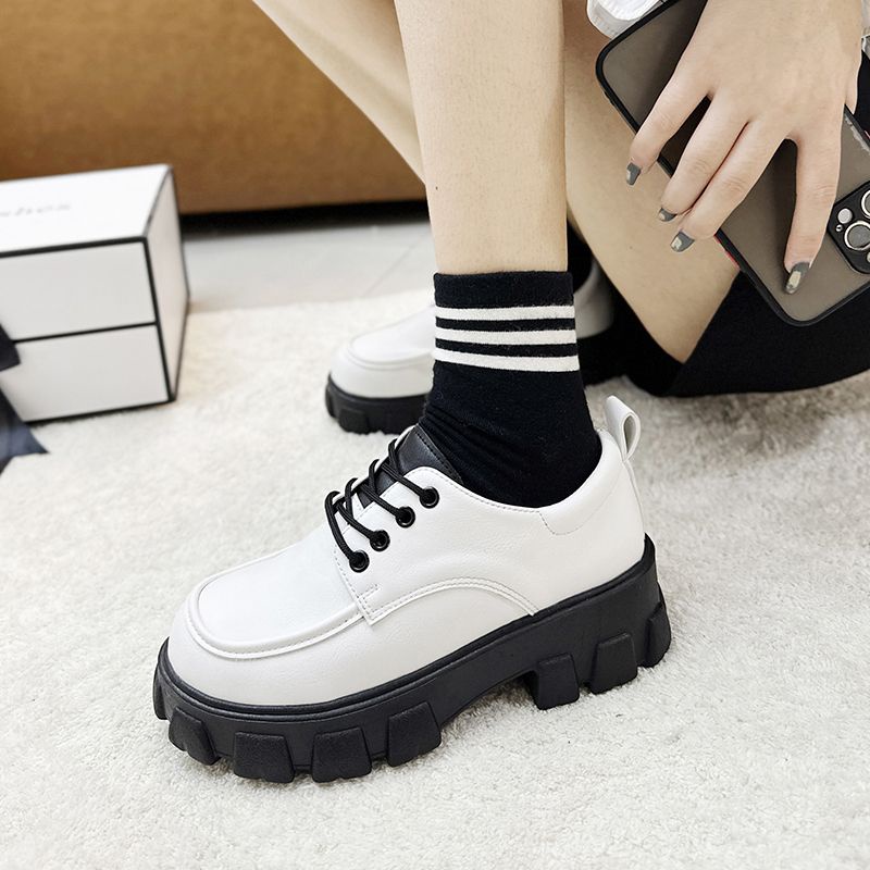 Cộng với kích thước giày nữ 35 kích thước - 43 kích thước giày dày đế giày nhỏ màu trắng English phong cách giày nữ tròn đầu dây buộc giày JK đơn giày