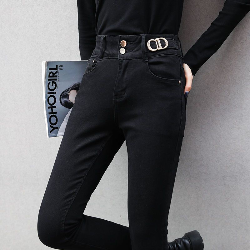 Quần Jeans Skinny Lưng Cao Dáng Ôm Màu Đen Thời Trang Xuân Thu 2023 Cho Nữ