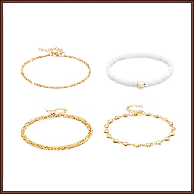 Set 4 Lắc Chân Nhiều Lớp Mặt Hình Trái Tim Phong Cách Retro Cho Nữ