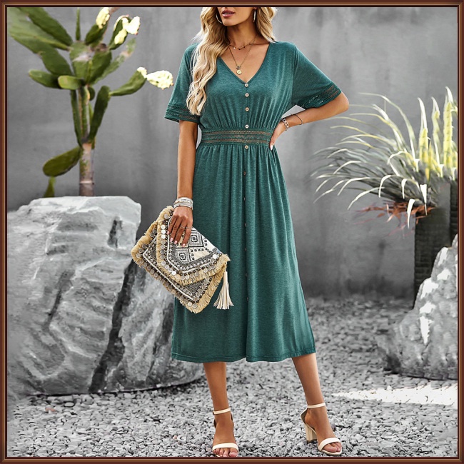Đầm Midi Chữ A Tay Ngắn Cổ Chữ V Màu Trơn Thiết Kế Đơn Giản Thanh Lịch Thời Trang Mùa Hè Dành Cho Nữ