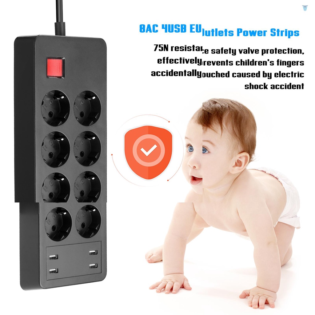 Ổ Cắm Điện 8AC 4 Cổng USB EU Kèm Công Tắc Chính Cho Nhà Ở / Văn Phòng