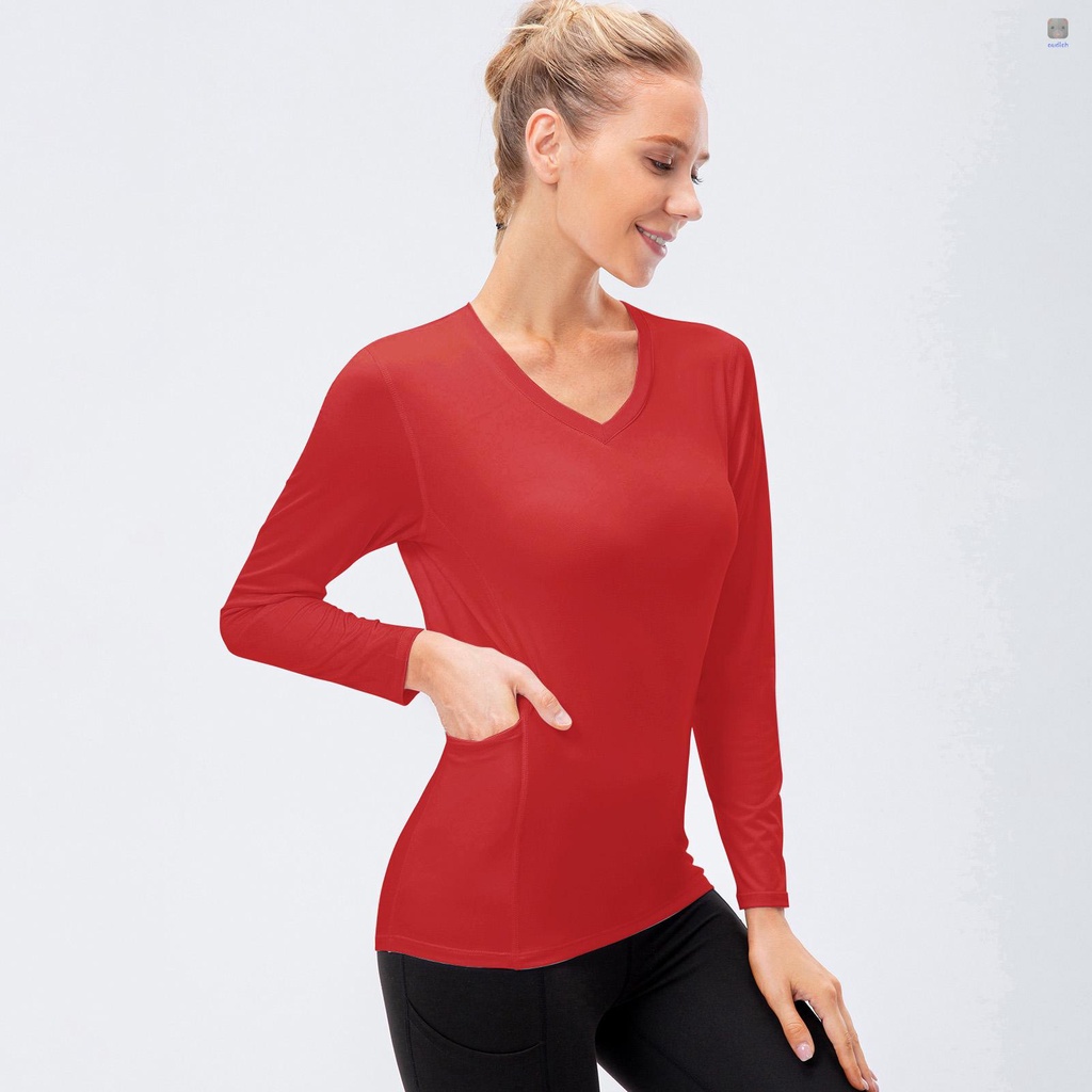 Áo Thun Thể Thao Tay Dài Cổ Chữ V Có Túi Chất Liệu Thấm Hút Khô Thoáng Nhanh Chóng