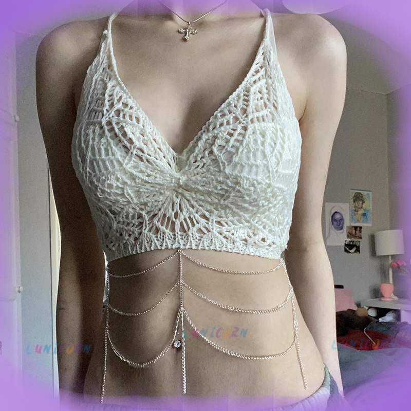 Áo Thun Dệt Kim Tay Áo Croptop Áo hai dây lưới đan móc tua rua hở lưng có mút ngực Áo đan len đi biển lưới đi biể