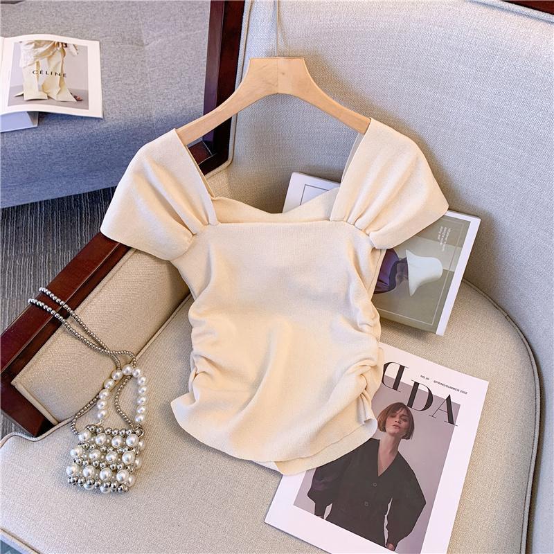 Áo Dệt Kim Tay Ngắn Cổ Vuông Màu Trơn Thời Trang Mùa Hè Xinh Xắn Cho Nữ