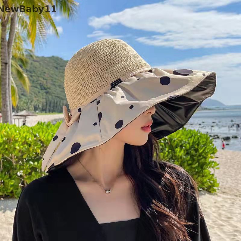 1 Mũ Cói Rộng Vành Chống Nắng Tia UV Màu Đen Thời Trang Mùa Hè Cho Nữ