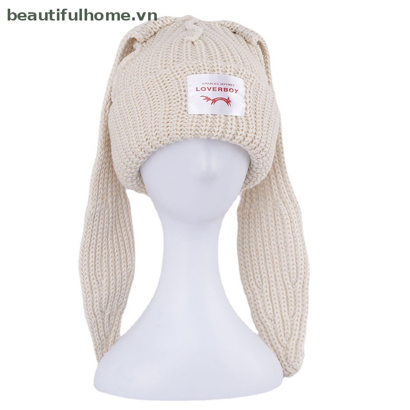 Mũ Len Beanie Dệt Kim Đính Tai Thỏ Tai Dài Dễ Thương Cho Nam Và Nữ