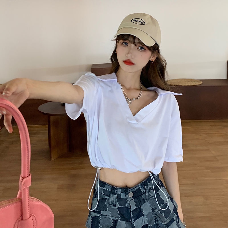 IELGY    Áo Thun crop top Tay Ngắn Cổ polo Eo Cao Thời Trang Dành Cho Nữ