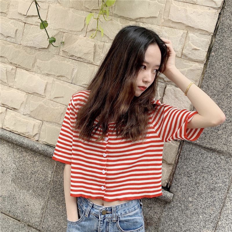 IELGY    Áo Thun Ngắn Tay Họa Tiết Sọc Ngang Thời Trang Dành Cho Nữ