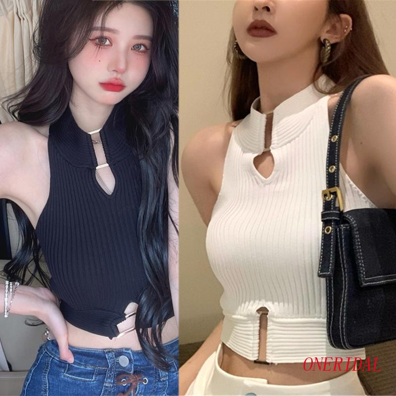 Áo Croptop Dệt Kim Không Tay Màu Trơn Dáng Ôm Gợi Cảm Cho Nữ