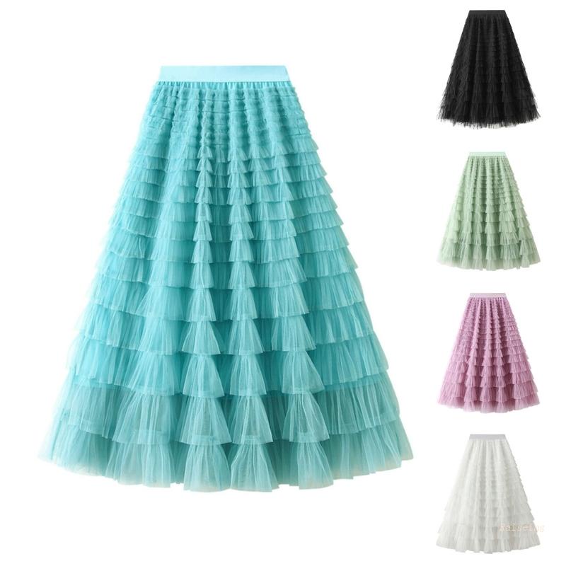 Chân Váy Midi Chữ A Lưng Cao Co Giãn Nhiều Lớp Màu Sắc Thời Trang Mùa Xuân Cho Nữ