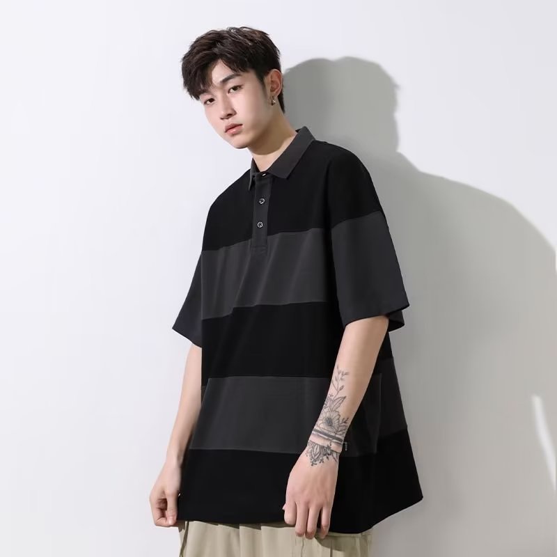 Áo Thun polo Tay Ngắn Dáng Rộng Họa Tiết Kẻ Sọc Màu Sắc Tương Phản Phong Cách Nhật Bản Thời Trang Mùa Hè Cho Nam