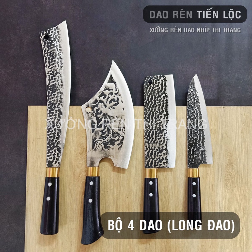 Bộ Dao Nhà Bếp Đa Năng - Rèn Từ Thép Nhíp Dập Vân 2 Mặt, Dùng Chặt Cây, Chặt Xương, Thái Lọc Thịt