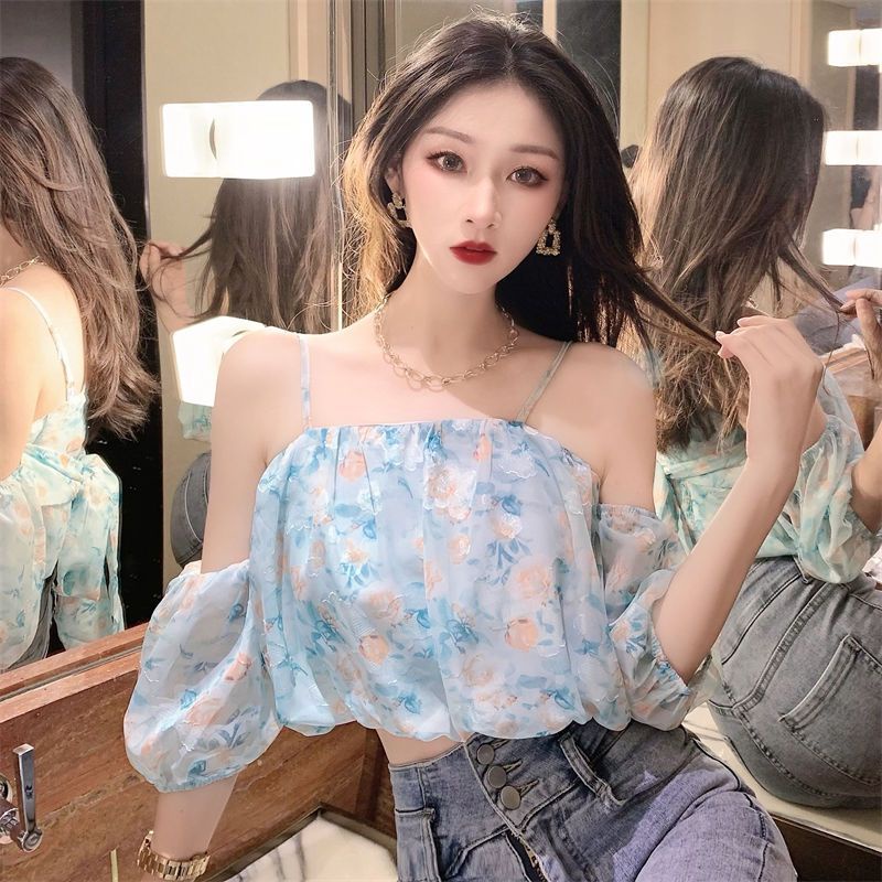 IELGY   Áo Sơ Mi Mỏng Tay Ngắn Phồng Phong Cách Pháp Cổ Điển Thời Trang Cho Nữ